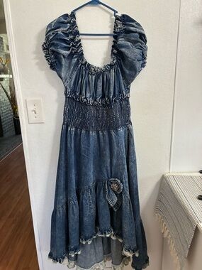 Carreli vintage Denim-Style Blue Puff Sleeve Dress M